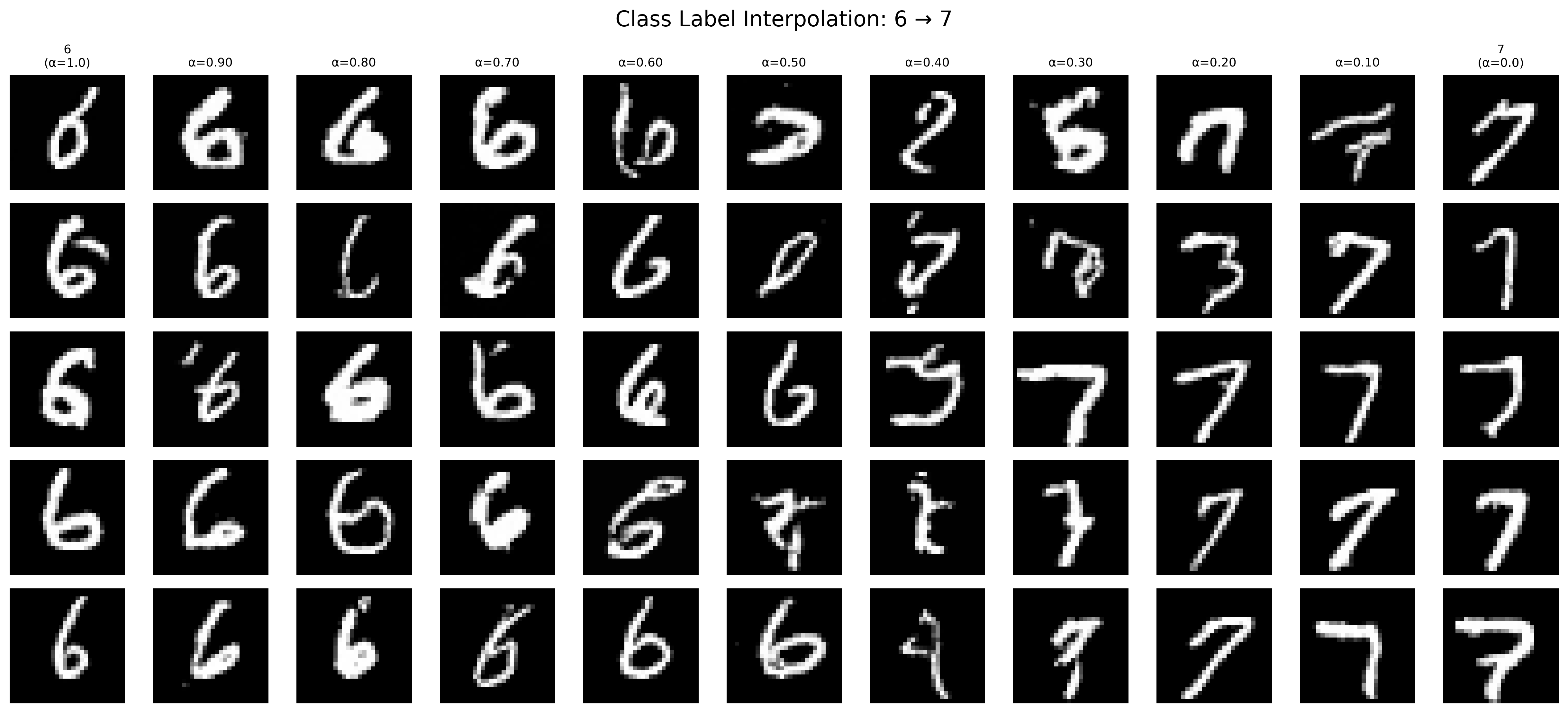 Generated MNIST digits from the label embedding of six and seven combined.